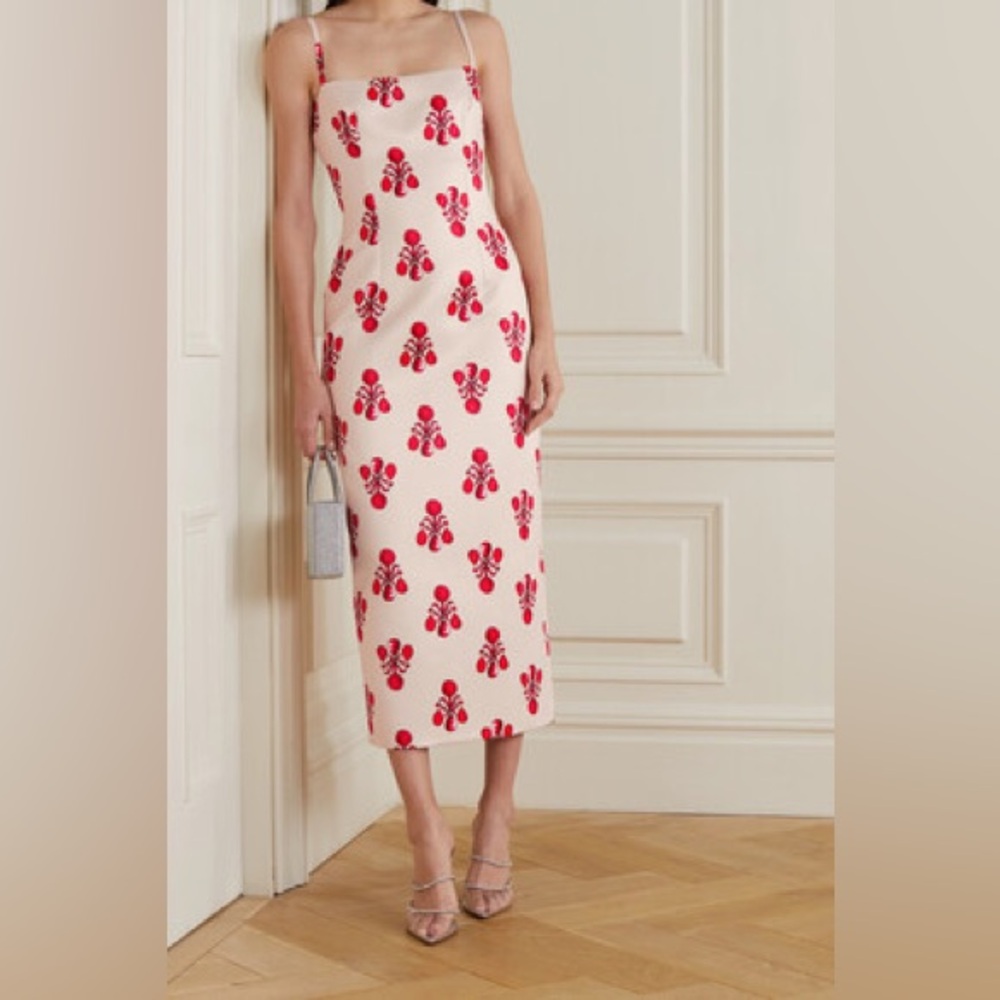 Emilia Wickstead Cream and Red Floral Midi Dress